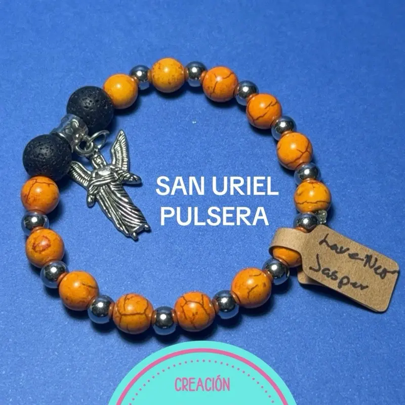 San Uriel Pulsera - Orange and Silver Beaded Bracelet with Angel Charm by Creación