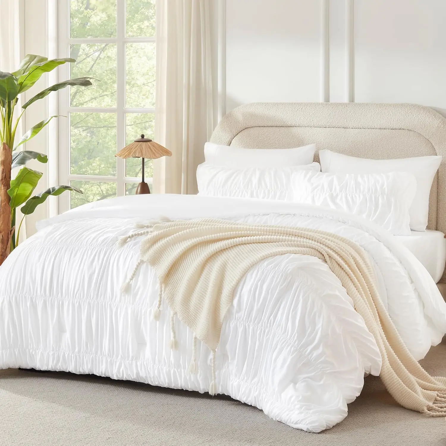 Ruched White  Size Comforter Set, Shabby Chic Pleated Bedding Sets 3 count, Lightweight Soft Boho Ruffle Bed Set for Girls, , Women,  Season