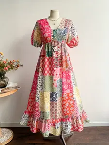 Boho Patchwork Long Dress Bubble Sleeves Vneck, Women's Tea Party Dress, Stylish, Bohemian and Elegant, Perfect for Casual and Formal Occasions