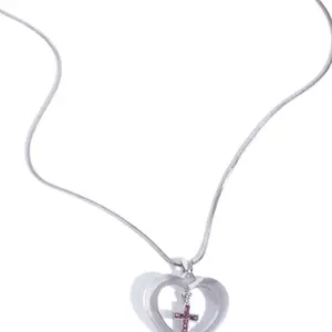 Heavenly Honor Elegant Heart-Shaped Cross Pendant Necklace with Rhinestones, Silver Color, Adjustable Chain, Perfect for Everyday Wear