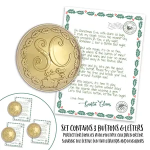 3pk Santa's Missing Button | Large 1.5” Diameter | Santa Claus Lost Button and Letter for Christmas Morning | Gold 3pk