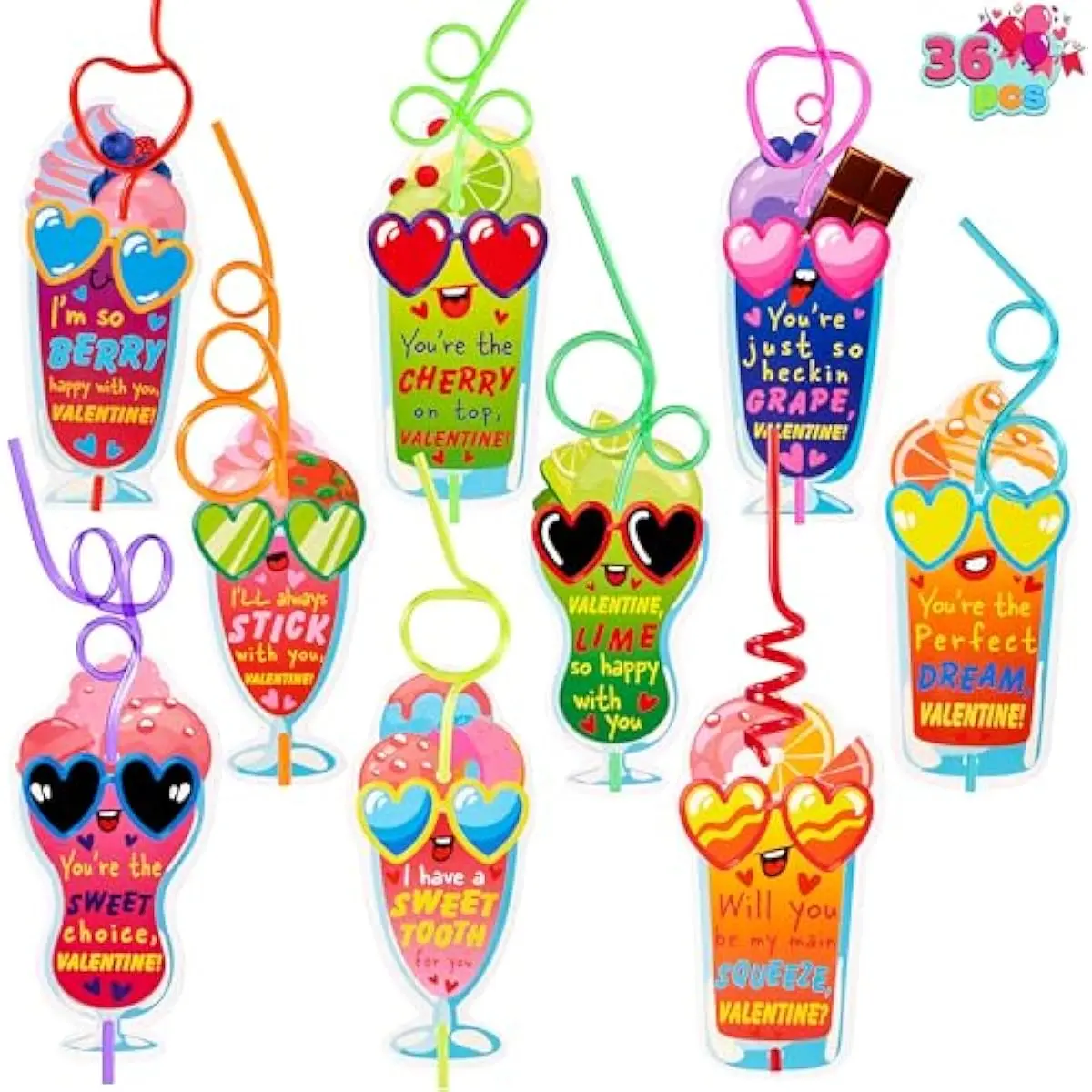 36 Pack Valentines Day Gift Cards with Colorful Loop Reusable Drinking Straws for Kids Valentine Party Favor, Classroom Gift Exchange, School Prizes