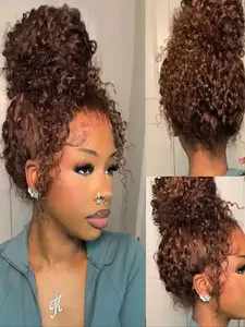 Chocolate Brown Invisible Strap 360 Full Lace Wig Glueless Wig Kinky Curly Human Hair Deep Curly Brown 360 Lace Front Lace Wigs Glueless Lace Frontal
