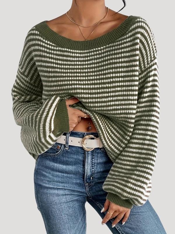 Women's Oversized Striped Knitted Sweater Off Shoulder Long Sleeve Pullover for winter 2026 Fashion Casual Knitwear Tops