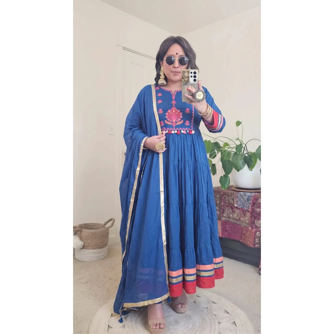 Traditional Anarkali Kurta Set in Cotton - 3-Piece Indian Ethnic Partywear with Matching Dupatta & Bottoms, Women, Gorgeous, Pants, Clothes