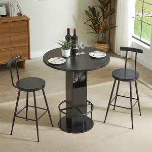 3-Piece Bar Table and Stool Set 31.5-inch round bar table with two stools Compact wooden dining bar with metal ring footrest Ideal for restaurants, cafes, bars, living rooms, and small spaces