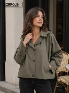Women's Spring & Fall Casual Military Short Hooded Trench Coat Jackets, Front Button Design, Full Placket, Solid Pattern