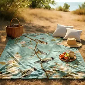 1 piece Four little birds on a branch in spring themed flannel blanket - All-season flannel blanket, suitable for sofas and beds, super soft and comfortable, modern geometric pattern design, digital printing, 100% polyester material, machine
