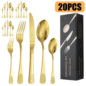 20/30PCs High Quality Stainless Steel Retro Carved Tableware Set with Knife/Fork/Spoon, Suitable for Weddings, Vacations and Parties, Household and Kitchen Tableware Set, Ideal Holiday Gift for Women and Mom, Gold