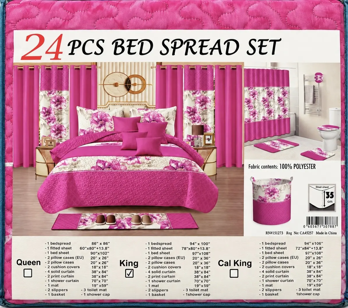 24 PCS Bed Spread Set - 100% Polyester, Queen Size, Pink Floral Design, Includes Bedspread, Sheets, Pillowcases, and More