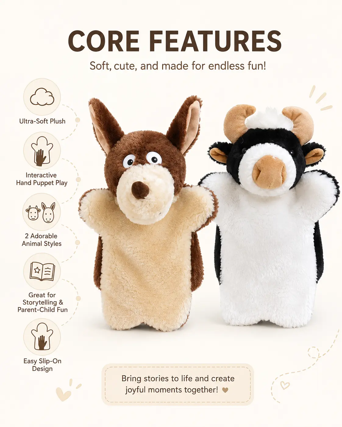 Interactive Animal Hand Puppet Toy for Kids & Pets, Soft Plush Cow & Wolf Puppet for Family Play, Pet Bonding & Safe Hands-On Fun