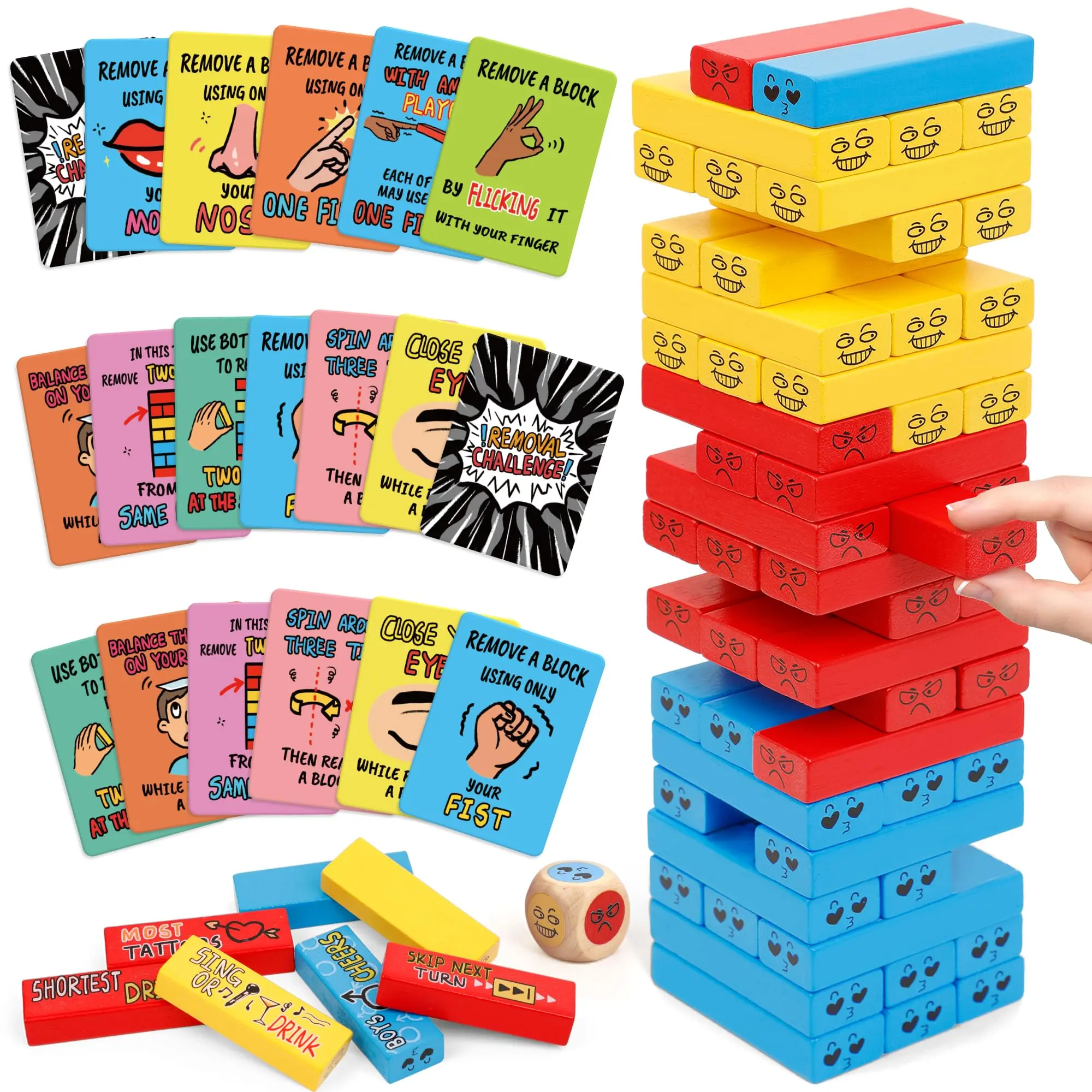 Tumble Tower Challenge Party Game | 121PC Wooden Stacking Game with 60 Blocks 60 Cards & 1 Dice Ideal for Family Night Parties | Valentine's Day Gifts Fun Challenges & Prompts for Various Occasions