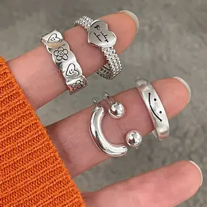 RING4U - Fashion Silver Color Smile Shape Ring for Women Fine Jewelry Finger Adjustable Open Vintage Ring for Party Birthday Gift