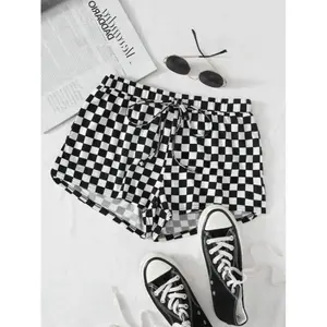 Women’s checkerboard print shorts with an adjustable drawstring waist and pockets, fashionable casual summer style, loose fit for everyday wear GARMENTARY