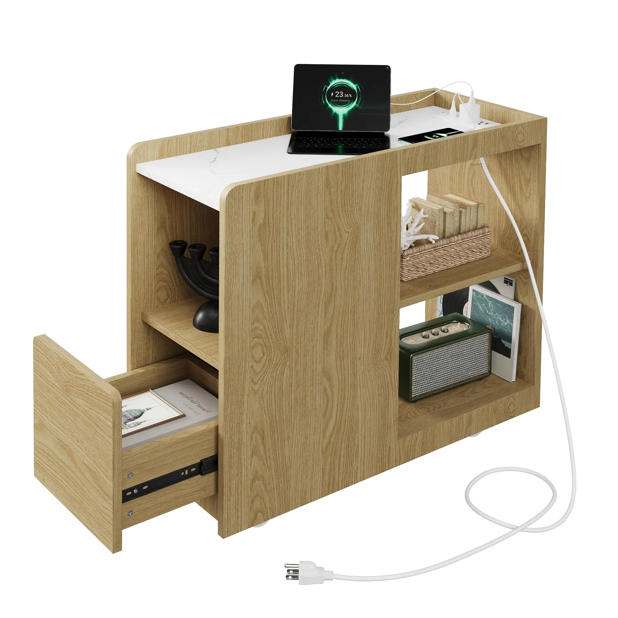 Garvee Oak Rectangular Side Table with Casters - Rolling Portable Sideboards, 27.56"d x 11.81"w x 24.41"h, 39.68 lbs, Storage, Assembly Required Indoor Furniture Side Tables
