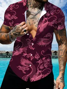 Men's Printed Short Sleeve Shirt, Dragon Pattern Fashion Casual Shirt, Summer Trendy Top, Short Slim Design