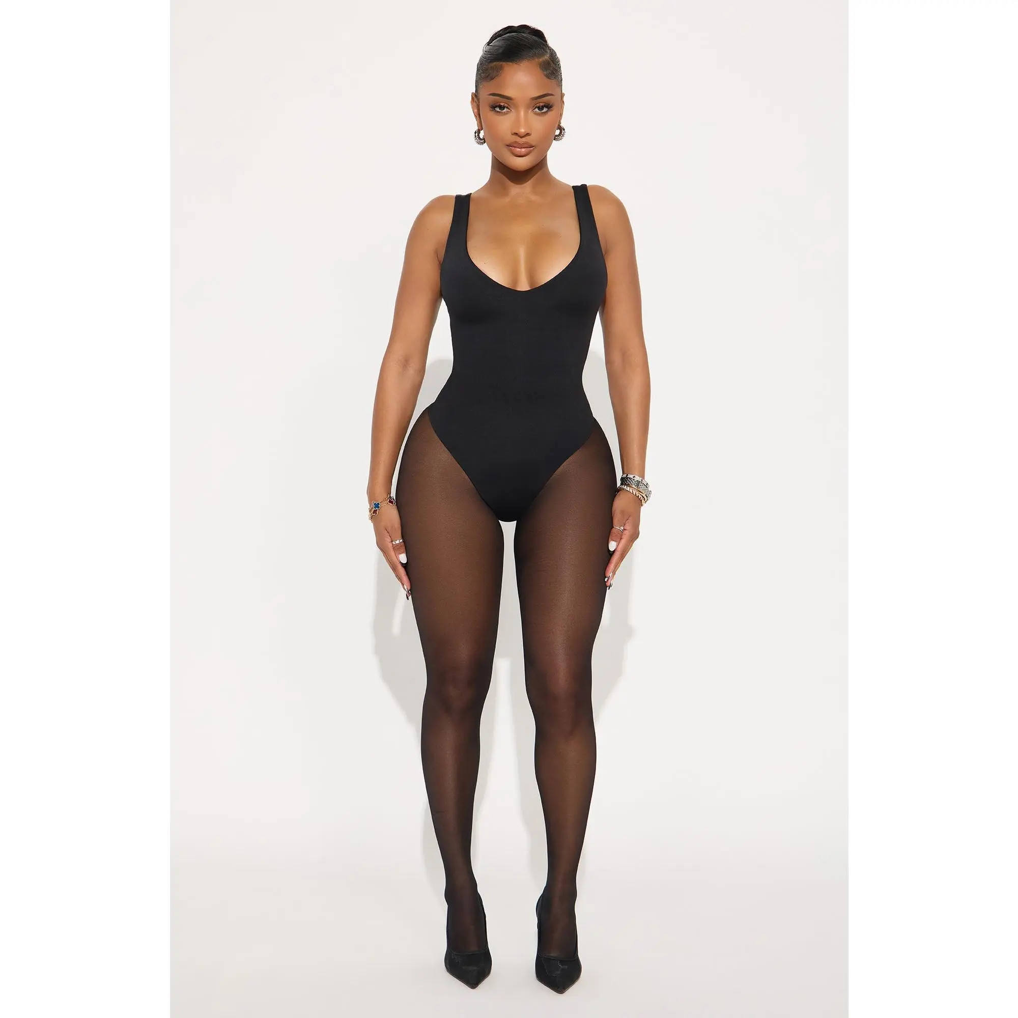 Contour Double Lined V-Neck Bodysuit - Black