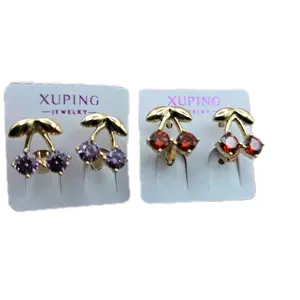 Xuping Jewelry Cherry Huggie Style Earrings with Purple and Red Stones Gold Plated Fashion Accessory