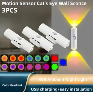 3PCS/4PCS Smart LED Night Light with Motion Sensor, RGB Gradient Dimmable Wall Lamp, USB Rechargeable Indoor Ambient Lighting, Magnetic Step Lamp for Entryway, Bedside,Desk, Operated for Hallway Stairs Bedroomlampu, room decor, Convenient Charging
