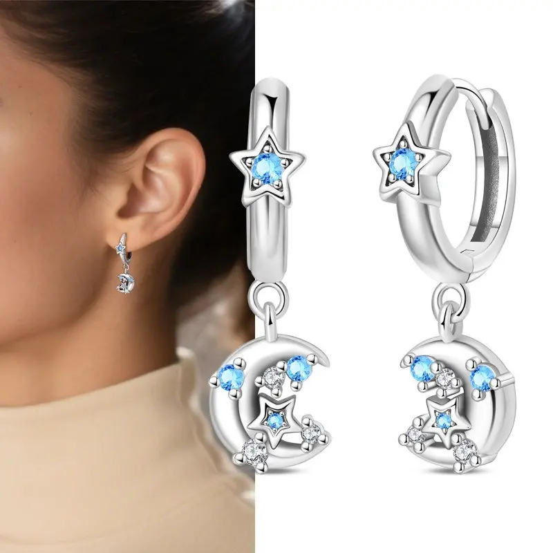 Women's 925 Sterling Silver Moon & Star Drop Earrings, Hypoallergenic Earrings for Birthday Gifts, Hypoallergenic Earring