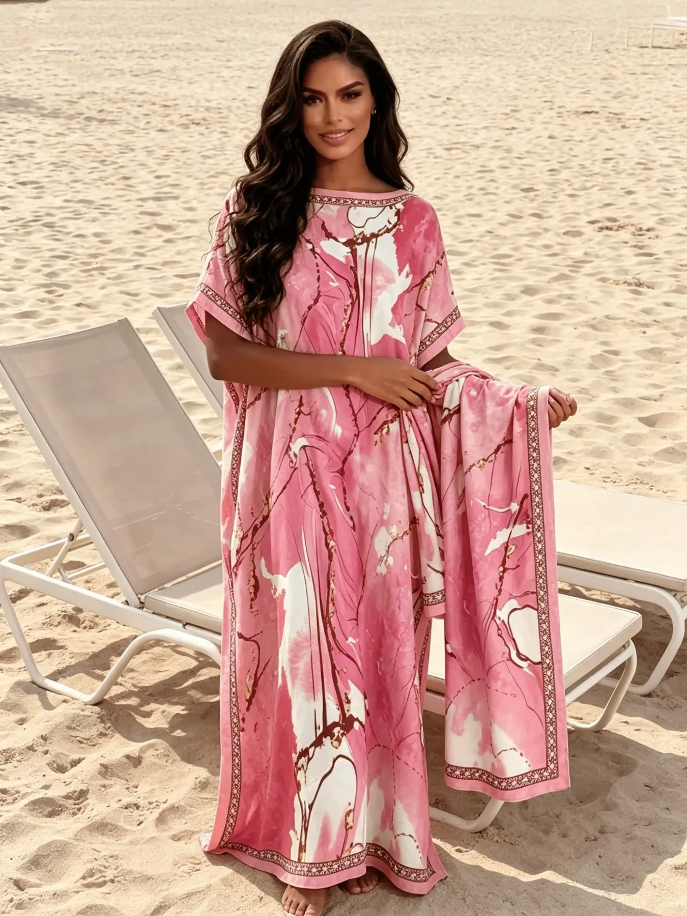 Soft Pink with White & Brown Abstract Marble Print Silky Satin Boho Casual Kaftan 2 Piece Outfit with Coordinating Scarf, Oversized Plus Size Loungewear, Versatile Beach Swim Cover Up, Tropical Resort Formal Evening Long Dress