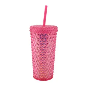 Acrylic Iridescent Textured Tumbler 16-Ounce Capacity with Straw, Pink - Bottle, Drinkware