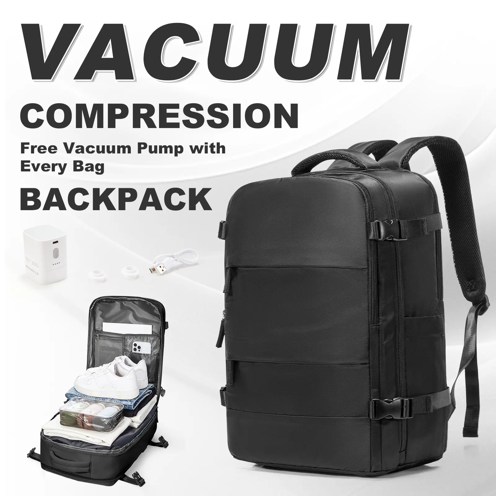 HYC00 Vacuum travel backpack with pump, personal carry-on approved for flight  for women and men, compression work bag for laptop and casual backpack, available in black, green, and gray.