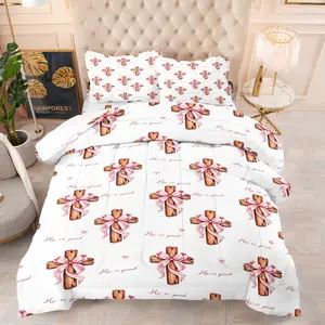 Christian Bible Verse Theme Print Comforter Set, 1 Comforter + 1-2 Pillowcases, He is Good Pink Bow Cross Print Pattern, Ultra Soft Microfiber Bedding, Faith Based Religious Bedroom Decor, Must-Have for Christian Women Girls Faith Lovers