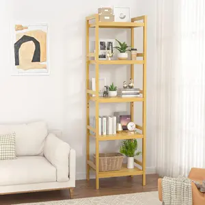 5-Tier Adjustable Solid Bamboo Bookshelf Bookcase, Freestanding Clothes Racks Closet Organiser Storage Shelves, Rust Resistance, Easy Assembly