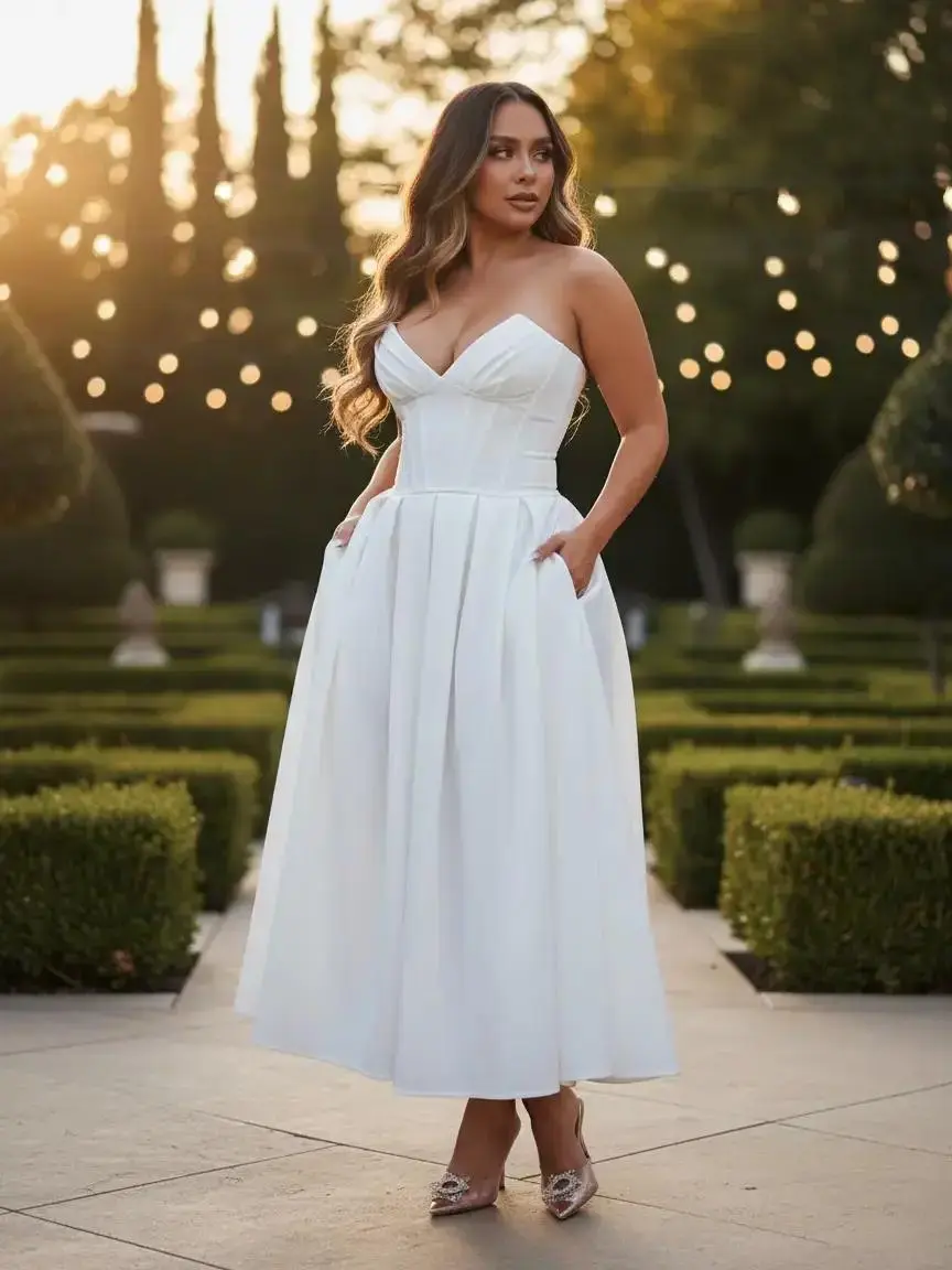 Women's "Charlotte" Strapless Formal Evening Midi Low Stretch Corset Fully Lined White Dress Pockets Summer Womenswear Cute Day