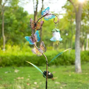 DANCING BUTTERFLY Solar Light! Fairy Garden Decor w/ Blue Lily Glass Shade - Auto Glow Outdoor Path Lamp vidrio  craquelado  con  luz  led led  light