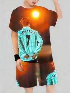 Football Star Cr7 Jersey Backprint Short Sleeve Shorts Set, Casual Sportswear, Asymmetrical Design, Spring & Fall, Football Kits