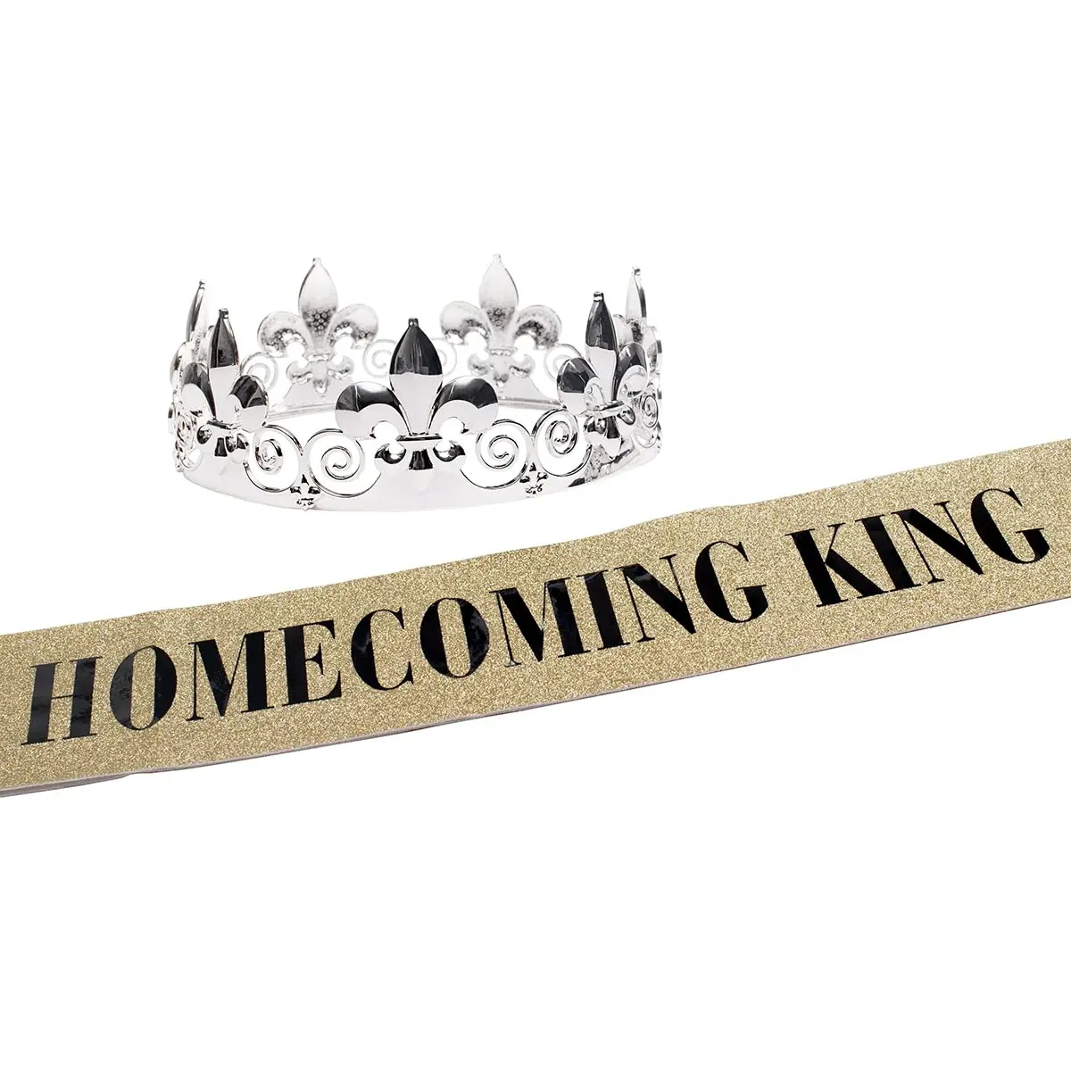 Anderson’s Homecoming King Silver Crown & Gold Glitter Sash Set, 2.25" Silver Fleur-de-Lis Crown & 3" x 72" Glitter Sash with Black Lettering for Homecoming Coronation & Formal Events, 2 Piece Set, School, College
