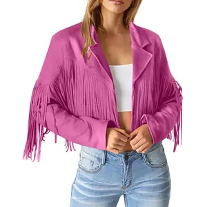 Women Fringe Faux Suede Leather Tassel Cropped Coat