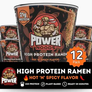 Power Noods High Protein Ramen Noodles - 6 or 12 Pack | Protein Ramen Cups for Lunch or Dinner | Better for You Plant-Based Instant Meal | Hot 'N' Spicy