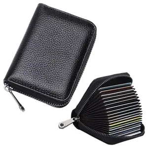 Genuine Leather Credit Card Holder RFID Blocking Wallet 20 Slots Zipper Black