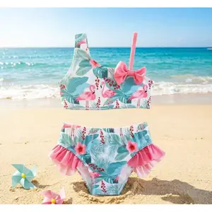 Girls' Cute Cartoon Bikini Separates Swimsuit 2pcs Set Sweet Bow Shoulder Straps Lace Swimwear Beach Seaside Outfit