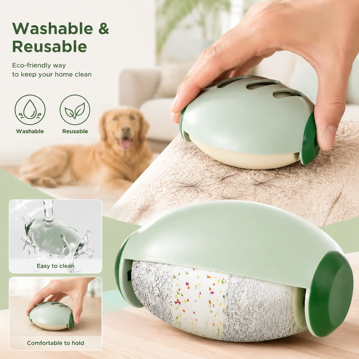 Eco-Friendly Waste-Free Reusable Pet Hair Remover Lint Roller - Universal, Olive-Shape, Hollow Sticky, Plastic Body, Ergonomic Grip, Lightweight Travel-Size, Enhanced Diatomite Dog & Cat Grooming Tool (2.56x2.56x3.98in, 3.14oz) for Clothing