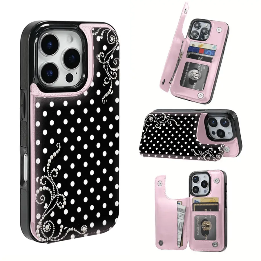 Pearl Polka Dot Dream Patterned Card Holder Leather Case Is Compatible With IPhone 17 Pro Max/Air/16/15/14/13/12/11.For Samsung S22/S23/S24/25. It's An Ideal Gift For Christmas, Valentine's Day, And New Year's, Perfect For Boyfrien,Pumpk,Spooky,Late,Night