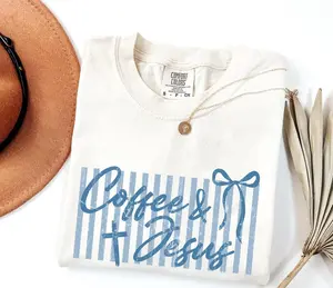 Comfort Colors Coquette Coffee and Jesus T-Shirt, Retro Christian Bow Tee, Aesthetic Faith and Coffee Shirt, Cute Bow Graphic T-Shirt, Christian Girl Gift, Soft Girl Aesthetic Faith Top, Vintage Bible Study Shirt