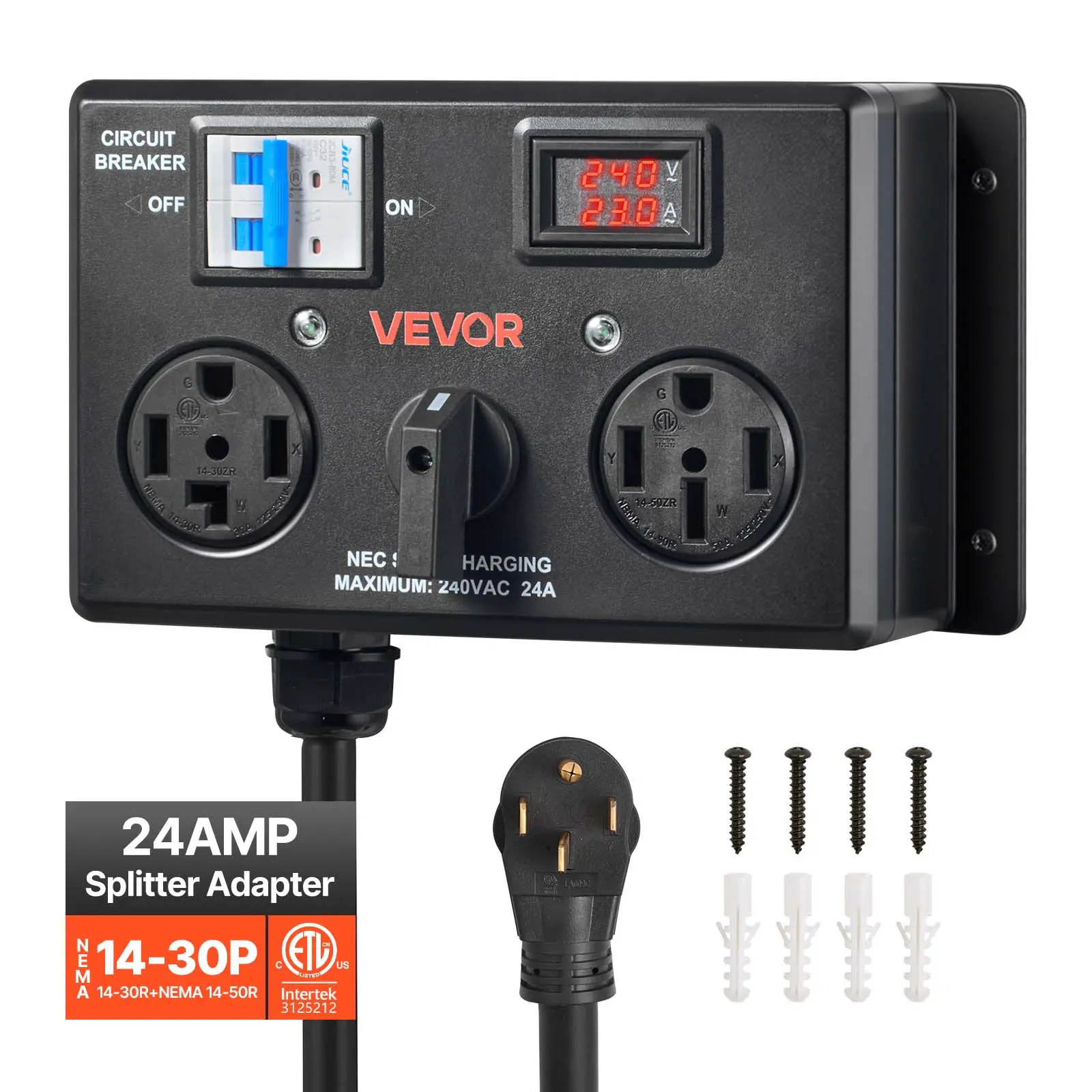【toolupgrade】VEVOR Manual EV Charging Switch with LCD Screen, NEMA 14-30P Flame-Retardant Power Control, Dual Outlets Dryer Outlet Splitter, 24A Max 240V Circuit Breaker, Hand-Operated Selector, Plug-and-Play, ETL