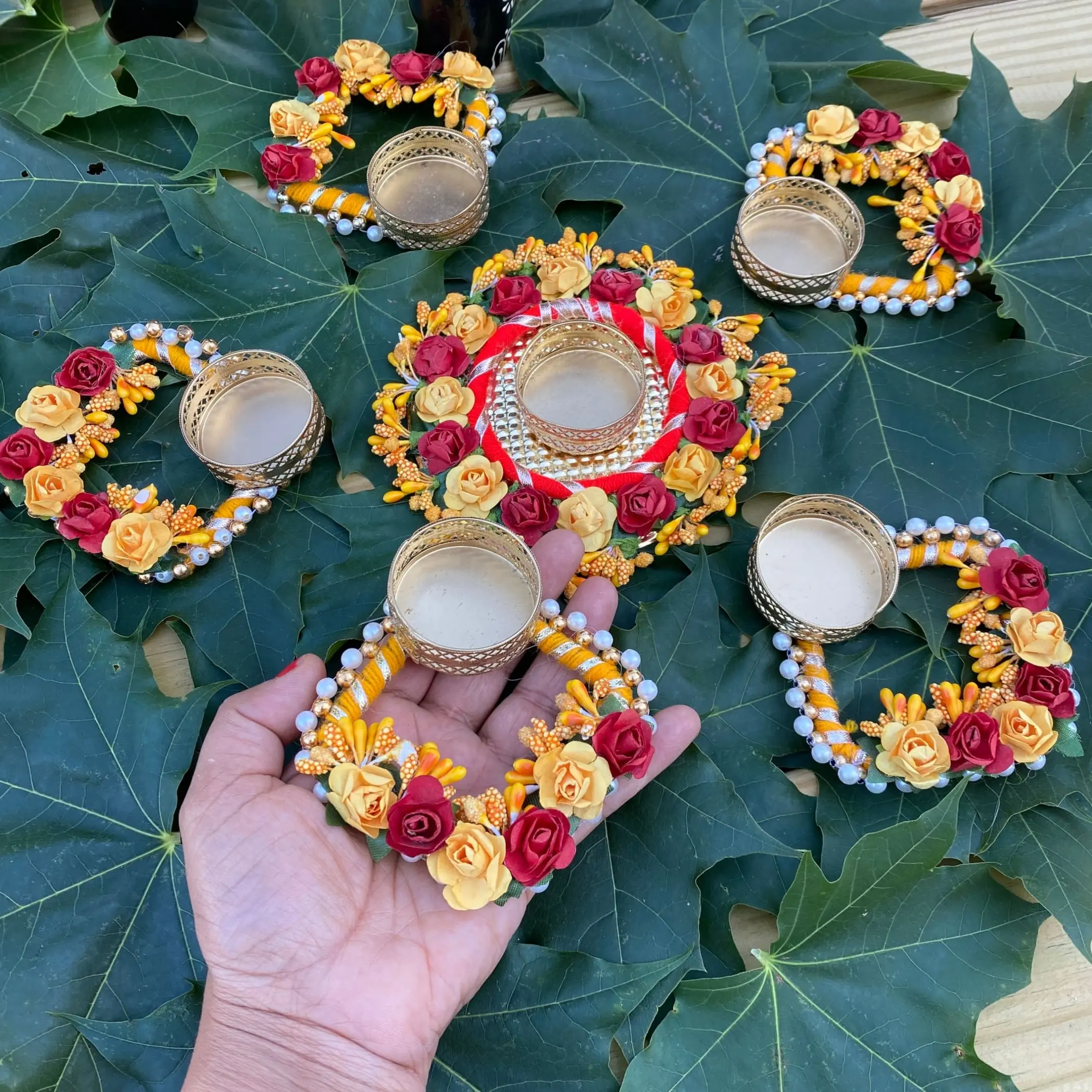 LoveNspire 6-Piece Universal Tealight Candle Holder Set - Vibrant Rose Rangoli, Fabric & Metal Stands, Color-Coated Small Bowls, Festive Glow Traditional Home Decor for Diwali, Multiple Rooms Use