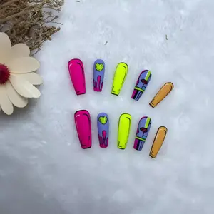 Y2K Pop Art Press On Nails - Long Coffin Neon Pink Yellow Nails