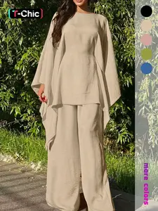 Women's Loose Two-Piece Set, Minimalist Long Hoodie Top + Wide Leg Pants, Casual Natural Style for Spring & Fall Seasons Womenswear