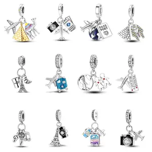 MULA Travel Adventure Beads 925 Silver, Platinum Plated, Inlaid with Zirconia, Fits Original Pandora Bracelets and Necklaces, Perfect DIY Jewelry for Women, Men and Teens - Explore the World Series