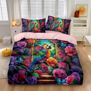 3-piece rose parrots themed quilt set (1 quilt cover +2 pillowcases, no core) Colorful parrots are surrounded by soft and comfortable bedding with red, pink, purple and other rose prints, suitable for use in all rooms