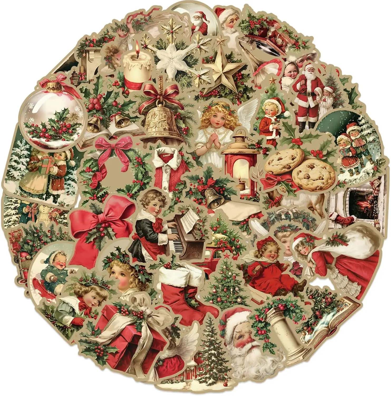Funimost 50pcs Vintage Holiday Stickers Kit - Waterproof 2-2.5in Santa Claus & Tree Decals, Kids' Scrapbook Supplies, Ideal for VSCO DIY Indoor Projects