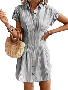 Women's Vintage Striped Shirt Dress, Button Short Sleeve Mini Skirt, Casual Everyday Summer Long Dress, Elegant Half Sleeve Design, Casual Wear