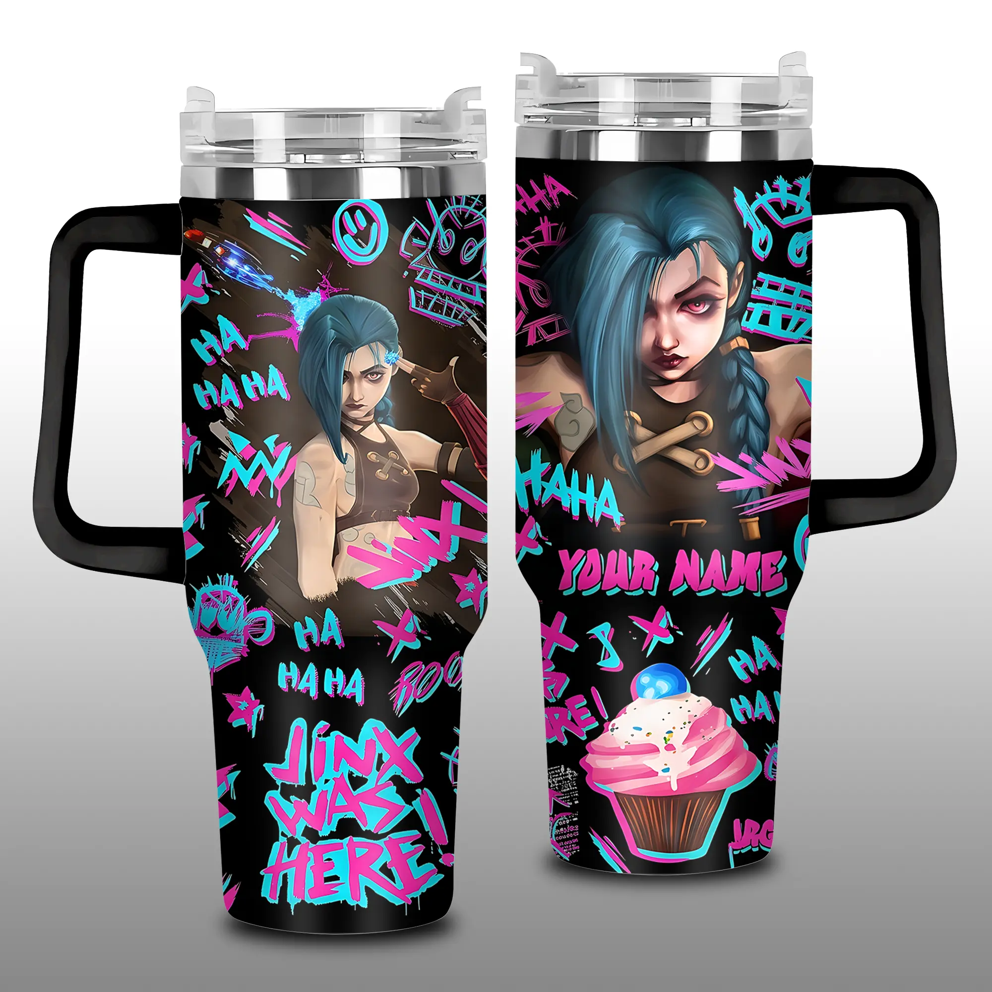 Jinx Arcane 40oz 20oz Insulated Tumbler, Premium Blue-Haired Rebel Character Travel Cup, Chaotic Sharpshooter League of Legends Fan Gift, Animated Series Inspired Merch, Leakproof Reusable Tumbler With Handle.