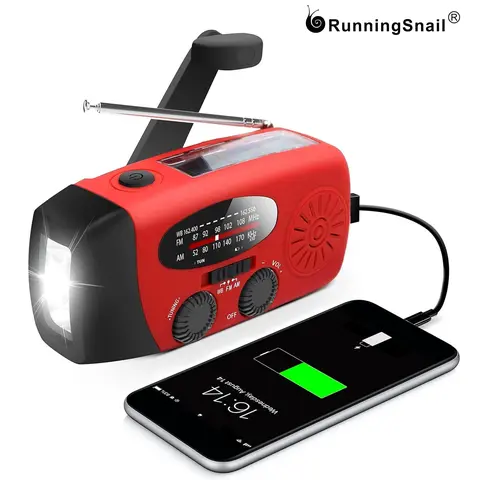 Running Snail Original Hand Crank Solar Powered Radio - 2000mAh Rechargeable Emergency NOAA Weather Radio, 3.5 mm Jack, 5*2.4*1.8 Inches, AM/FM, SOS Alarm, LED Flashlight, USB Charge, TF Card Playback, Portable Survival Gear For Hurricane Power Outage